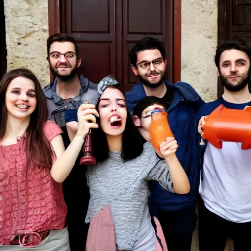 Image similar to four young adult are in an ourdoor party in italy, they are holding the same object in their right hand