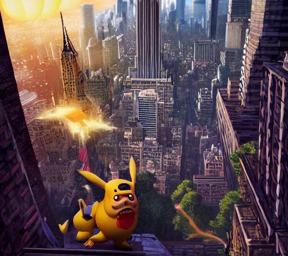 Image similar to epic fantasy comic book style portrait painting of a giant angry pikachu as king kong climbing the empire state building, by mark ryden and pixar and hayao miyazaki, unreal 5, daz, hyperrealistic, octane render, cosplay, rpg portrait, dynamic lighting, intricate detail, cinematic