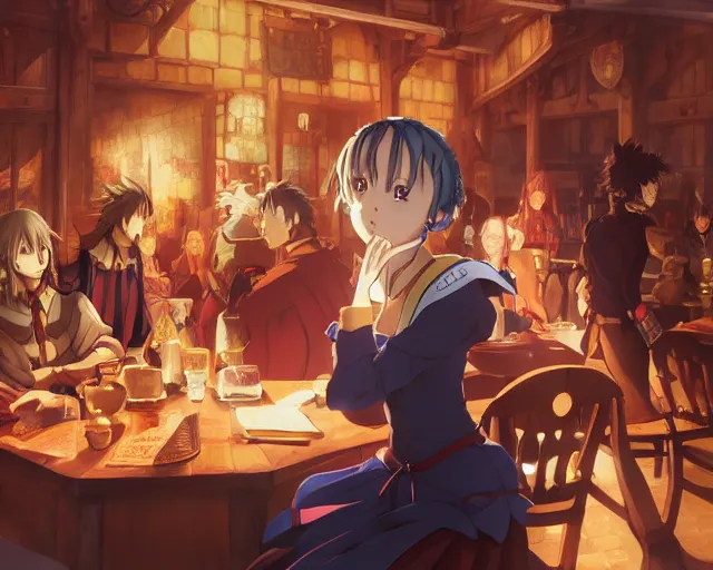 Image similar to anime visual, portrait of a young female in a busy fantasy medieval tavern interior at night, face by yoh yoshinari, murata range, last exile, blue submarine no 6, dynamic pose, dynamic perspective, detailed silhouette, rich texture, seven deadly sins anime, flat, anime cels, matte color, flat lighting on face, rounded eyes