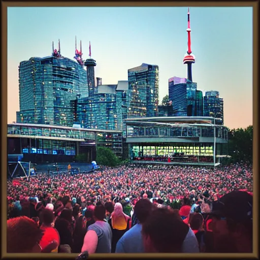 Image similar to “phish playing at the molson amphitheatre, playing giant tweezers instead of instruments, toronto skyline,8k”