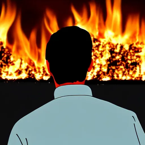 Prompt: a software developer is looking at his computer. Fire in the background. he is fine with it. digital art