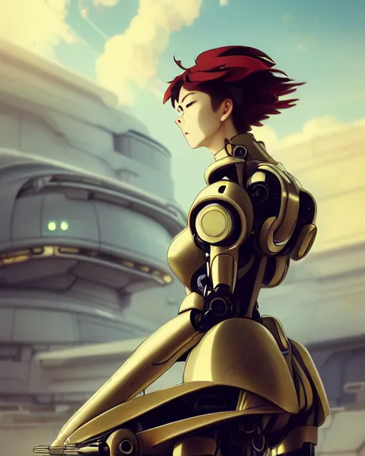 Image similar to beautiful delicate imaginative streamlined mecha anime elegant futuristic close up portrait of a pilot female sitting with magnificent piercing deadly looks, armor with gold linings by ruan jia, tom bagshaw, alphonse mucha, futuristic buildings in the background, epic sky, vray render, hyper realistic, artstation, deviantart, pinterest, 5 0 0 px models