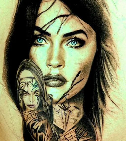 Image similar to realism tattoo sketch of a megan fox face double exposure mountain scenery, in the style of matteo pasqualin, amazing detail, sharp, faded