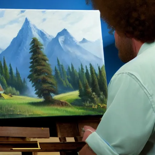 Image similar to a closeup photorealistic photograph of bob ross putting the finishing touches on a canvas painting that includes kenny powers. mountains and trees. film still. brightly lit scene. this 4 k hd image is trending on artstation, featured on behance, well - rendered, extra crisp, features intricate detail, epic composition and the style of unreal engine.