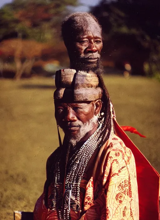 Prompt: analogue photo of an igbo chief in Japanese Haori & Hakama, 35mm, f/1.4, Golden Hour light, national geographic, photographed by Martha Cooper,