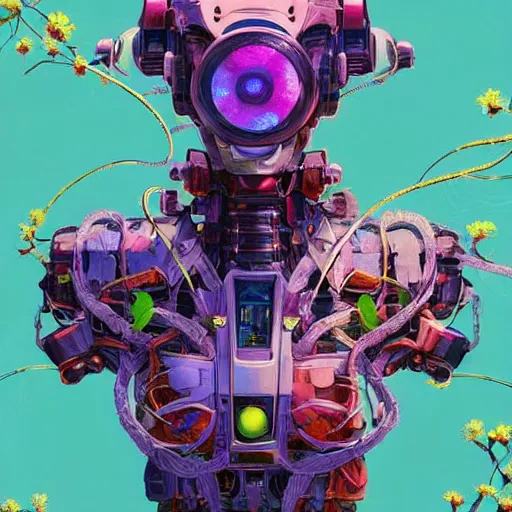 Image similar to colourful vfx art - portrait of mecha robot wrapped in flowers & vines, art by hsiao - ron cheng & james jean, volumetric light, colourful, sharp, detailed, digital painting, illustration, illustration, highly detailed, intricate detail, unreal engine, octae render, pinterest, behance, art station,