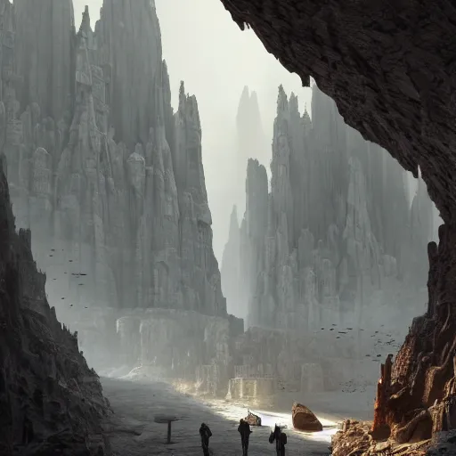 Image similar to stunning city of stone inside a gray granite canyon, fusion of star wars and gothic revival architecture, by marc simonetti, natural volumetric lighting, realistic 4k octane beautifully detailed render, 4k post-processing,