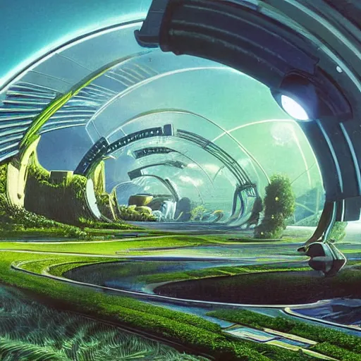 Image similar to beautiful matte painting of green gardens with roads on a futuristic sci-fi space station, cinematic angle, cinematic lighting, blue sky, by Syd Mead, John Harris, Federico Pelat