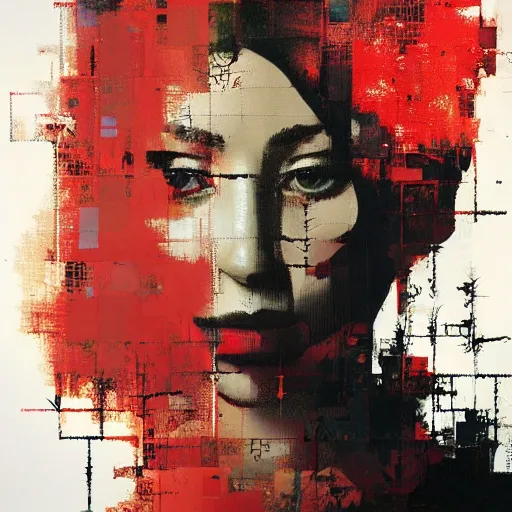 Image similar to a nostalgic latina in red monk habit is being rasterized into pixels, she is surrounded by digital birds, the background is an infinite virtual world, oil on canvas by yoji shinkawa, esao andrews, dave mckean and stina persson