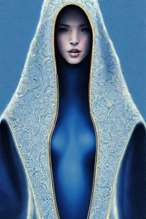 Image similar to detailed beautiful hooded noun in blue gold coat, seductive confident pose, attractive feminine curves, intricate details, futuristic, elegant cape, elegant, white, blue, black, photorealism, trending on artstation, holy halo, advanced technology, art by moebius and vitaly bulgarov and chanthara
