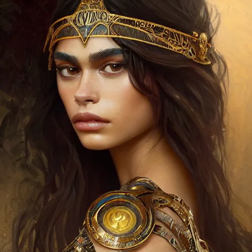 Prompt: Kaia Gerber as Cleopatra, intricate, elegant, highly detailed, digital painting, artstation, concept art, smooth, sharp focus, illustration, art by artgerm and greg rutkowski and alphonse mucha