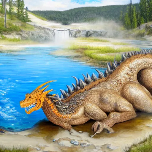 Prompt: highly detailed oil painting of a dragon resting in a hotspring at yellowstone national park, featured on artstation