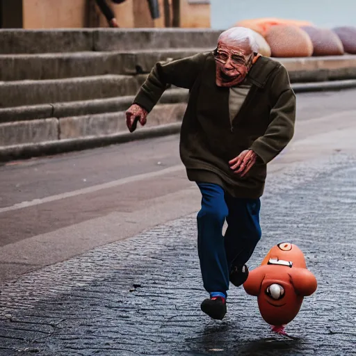 Image similar to An elderly man being chased by a sentient humanoid sausage, Canon EOS R3, f/1.4, ISO 200, 1/160s, 8K, RAW, unedited, symmetrical balance, in-frame