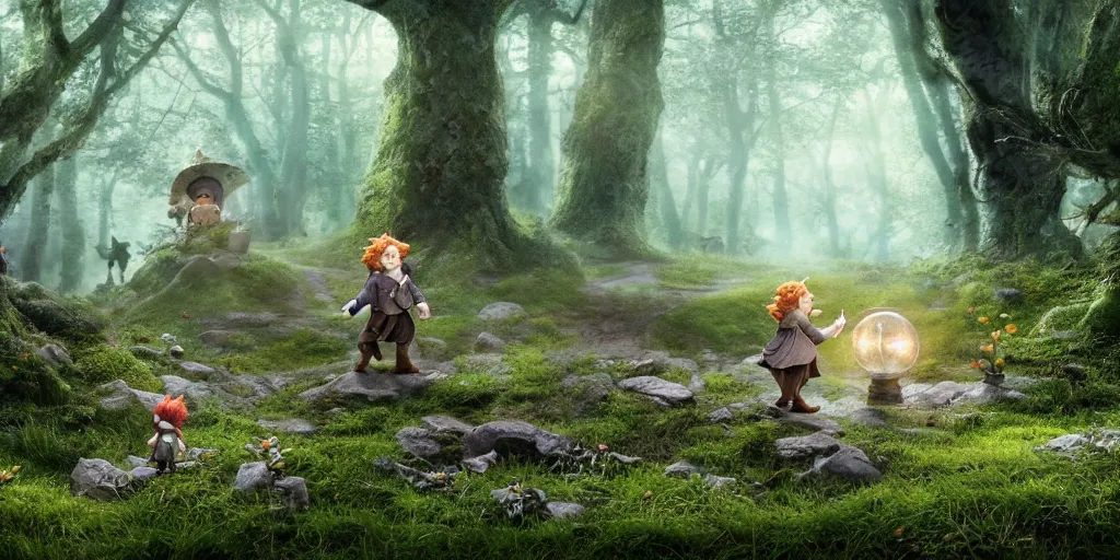 Image similar to bilbo baggins running into the white rabbit in a clearing in the middle of an enchanted forest, steampunk illustration, photorealistic color drawing, toadstools and fairies, gnomes and giants in the distance, 8 k resolution, octane render, dramatic lighting, cinematic angle,