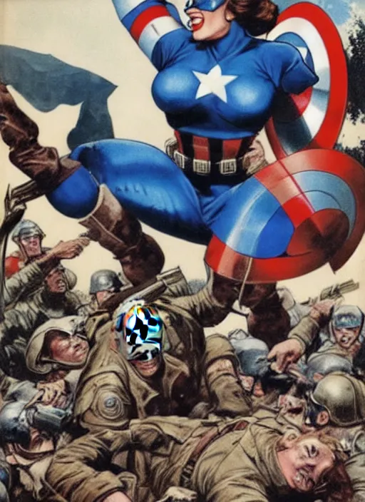 Image similar to 🦸♀ beautiful female captain america standing on a pile of defeated, beaten and broken german soldiers. feminist captain america wins wwii. american wwii propaganda poster by james gurney. gorgeous face. overwatch