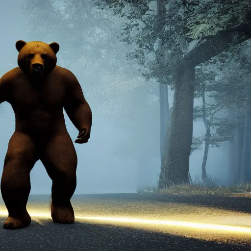 Image similar to gold bear, unreal engine 5, realistic, dark, moody, godrays, 8k