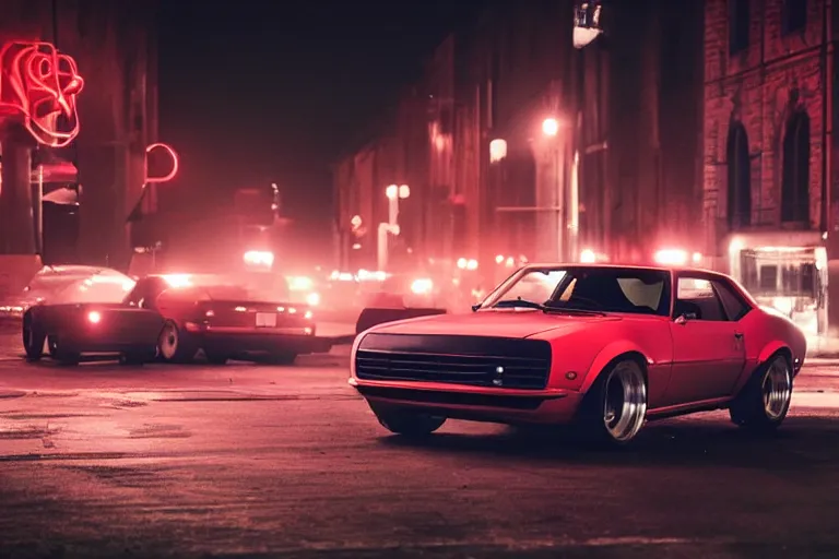 Image similar to widebody audi camaro b 1 ( 1 9 6 9 ), need for speed : carbon, at night, sci - fi, neon lines, lviv historic centre, phonk music background, smoke behind wheels, noise, dark, establishing shot, by simon stalenhag