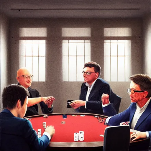 Image similar to UHD photorealistic Elon Musk playing poker with Satoshi Nakamoto, Klaus Schwab, and Bill Gates, in the style of tonalism by Greg Rutkowski, trending on Artstation, hyperrealistic, correct details, symmetrical faces