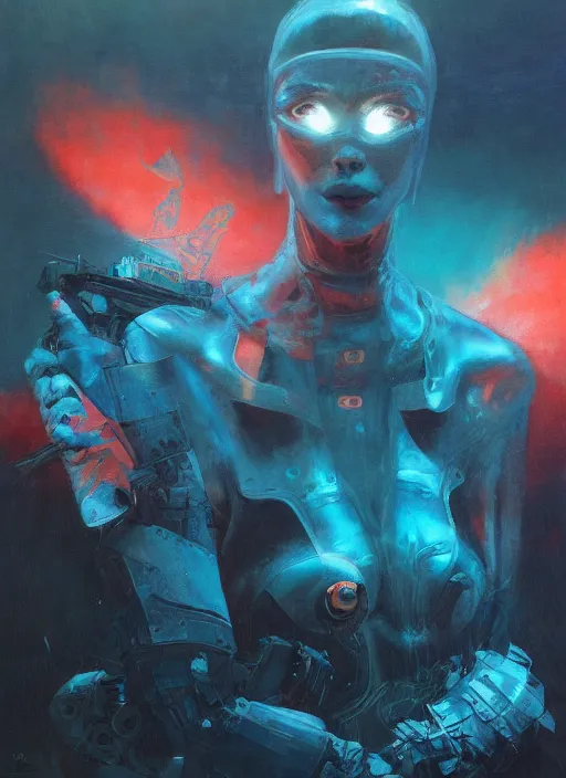 Prompt: portrait of bomba cybersisi, cinematic light, looking to the side off camera, backlight glow, teal orange, mist, by gerald brom, by mikhail vrubel, by alex andreev, by peter elson, muted colors, extreme detail, trending on artstation, 8 k