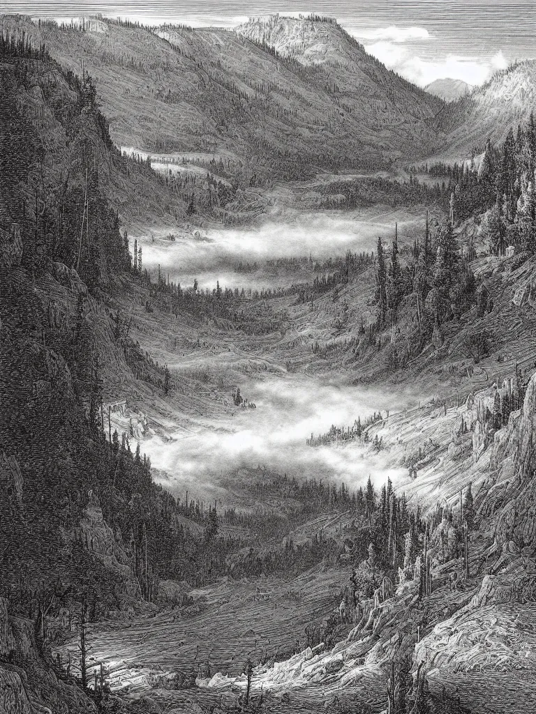 Prompt: an engraving of yellowstone national park by gustave dore and albrecht durer highly detailed, fog, depth, lithograph engraving, storybook illustration