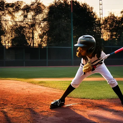 Image similar to playboi carti playing softball, baseball bat, baseball, outside, clear sky, golden hour sunlight, hdr, 4 k, widelens, photograph