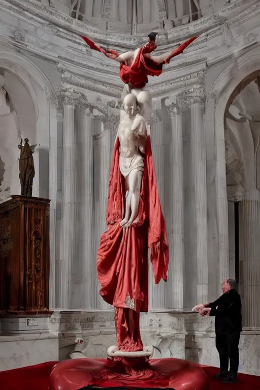 Prompt: a dramatic view of the sacrifice of the priest statue dressed with soft red silk fabric made in heavy marble, with few ornaments in shiny polished stone, sculpted by hedi xandt and antonio corradini