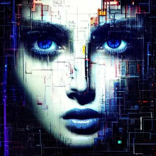 Prompt: hyperrealistic portrait of a young women with crystal clear eyes, by Guy Denning, by Johannes Itten, by Russ Mills, glitch art, hacking effects, digital tech effects, cyberpunk, color blocking!, oil on canvas, intricate detail, concept art, abstract, detailed lines, clean, polished, symmetrical, octane, cgsociety, 8k, trending on artstation