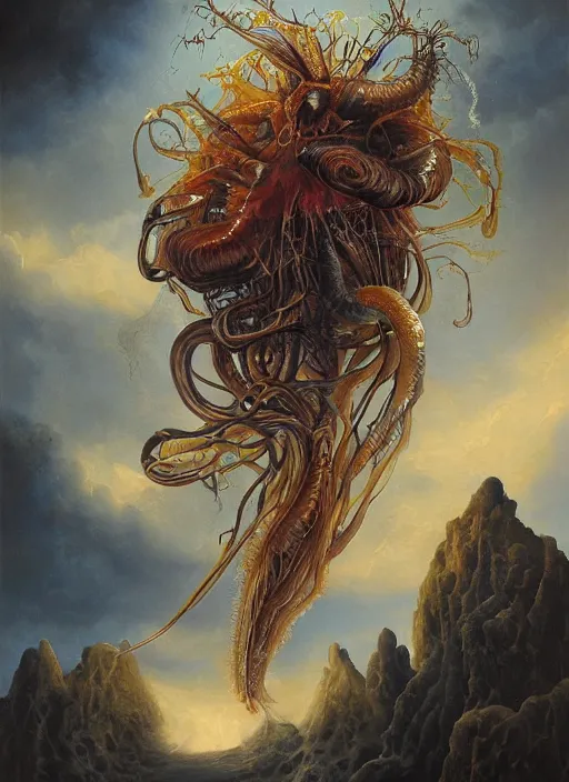 Image similar to an anatomical oil painting of a Harpy jellyfish from a medical journal by Nychos, Julie Bell, Peter Mohrbacher highly detailed, high detail, 8k, storm clouds, birds, dramatic lighting