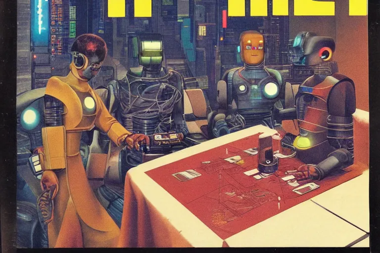 Image similar to 1979 OMNI Magazine Cover of an underground meeting around a table. On the table are blueprints of a robot. Location in neo-Tokyo in cyberpunk style by Vincent Di Fate