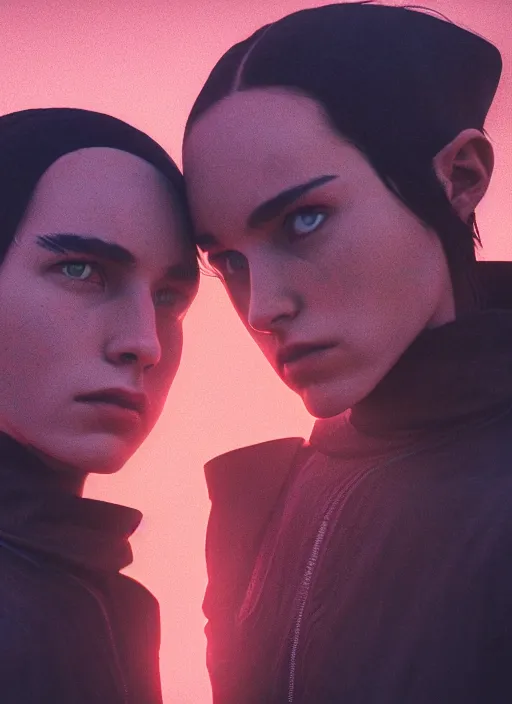 Prompt: cinestill 5 0 d photographic portrait of two loving female androids wearing rugged black techwear on a desolate plain with a red topographic holographic sky, extreme closeup, cyberpunk style, dust storm, 8 k, hd, high resolution, 3 5 mm, f / 3 2, ultra realistic faces, ex machina