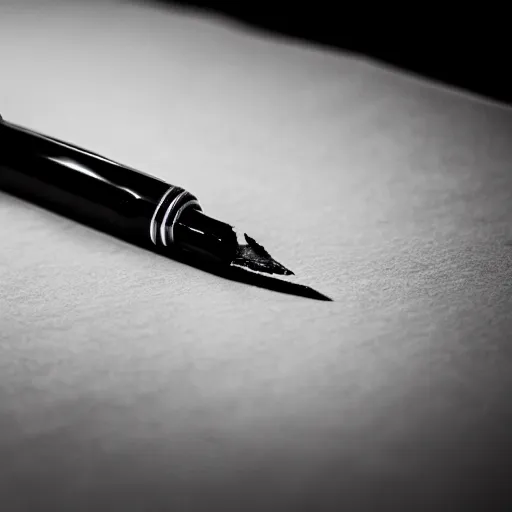 Prompt: A fountain pen lying on an black canvas, leaking ink, award winning photography, black and white, law of thirds