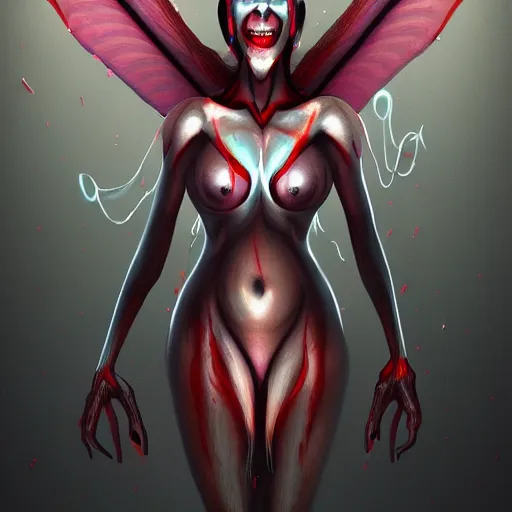 Image similar to hot insect woman, slender and muscular build, large mosquito wings, evil smile and glowing eyes, burning world, hyperdetailed, dark art, digital art, artstation, concept art, 4 k, 8 k