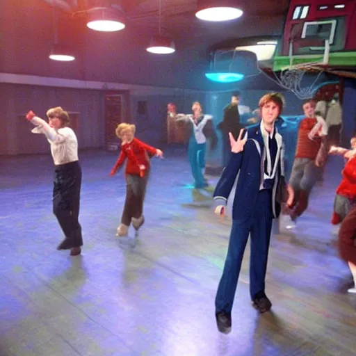 Image similar to promotional image of David Tennant as Doctor Who at a polka dancing contest at the YMCA basketball gym, around the gym cybermen and daleks and captain jack are clapping, in the background the Tardis door is wide open, frenetic, quirky, movie still, promotional image, imax 70 mm footage, HDR, cinematic