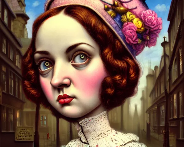 Image similar to closeup profile portrait of victorian london streets, mark ryden, lostfish, max fleischer, hyper realistic, artstation, illustration, digital paint, matte paint, vivid colors, bright, cheerful, detailed and intricate environment