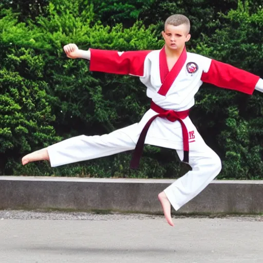 Prompt: bichon frise wearing a karate uniform, dropkicking a thief