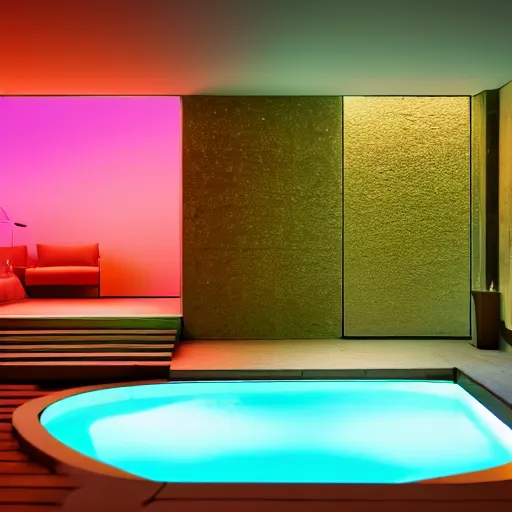 Prompt: philips hue led strip lighting, swiming pool, scene, colourful, 8 k, unreal engine, realistic, house and home, luxury,