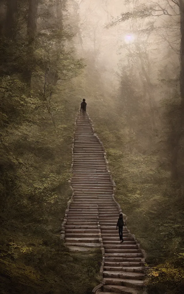 Image similar to ! a person walking up a set of stairs in the woods!, the journey of life, each stage is a step in a stairway, detailed, 4 k, octane, a detailed matte painting by huang ding, cgsociety, fantasy art, mystical, mist, warm tones