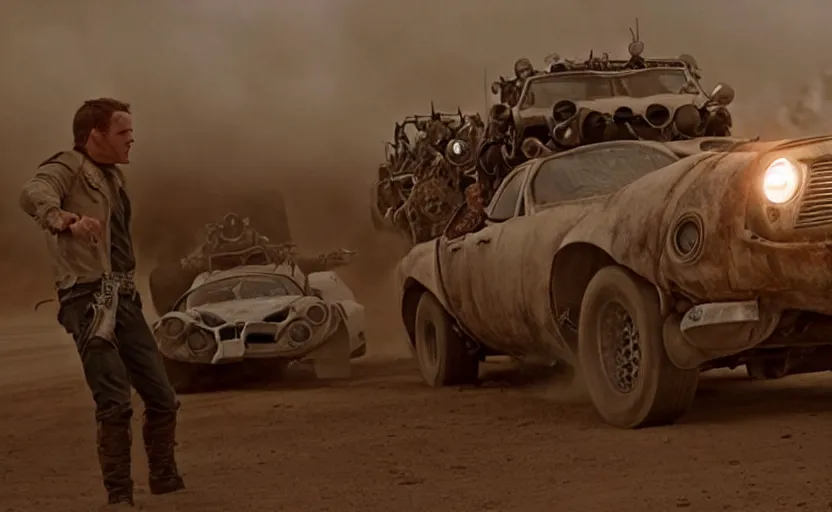 Image similar to flash mcqueen in mad max fury road, realistic, still from a movie