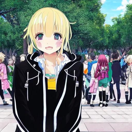 Image similar to blonde - haired princess, anime princess, wearing black jacket and white leggings, looking through crowd, town street, festival street, trees, green trees, blue lighting, blue sunshine, strong lighting, strong shadows, vivid hues, ultra - realistic, sharp details, subsurface scattering, intricate details, hd anime, 2 0 1 9 anime