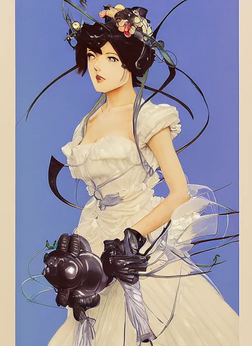 Prompt: a copic maker art nouveau portrait of an anime girl detailed features wearing a puffy futuristic weeding dress designed by balenciaga by john berkey, norman rockwell akihiko yoshida