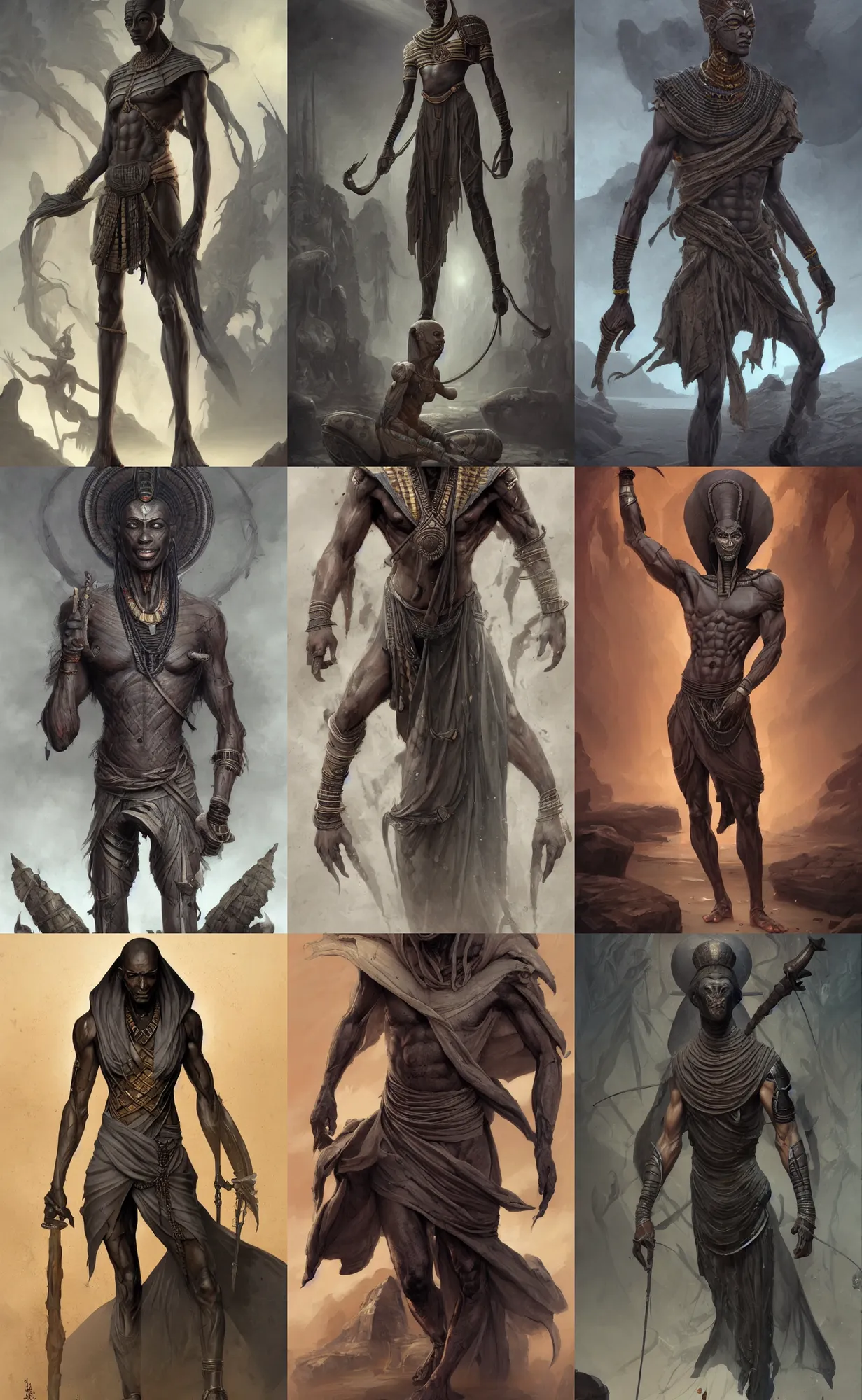 Prompt: dark grey skin, thin corpse, egyptian mummy king, male, full body shot, highly detailed, digital painting, artstation, concept art, sharp focus, illustration, orientalism, art by aleksi briclot and mohrbacher and raphael lacoste and magali villeneuve