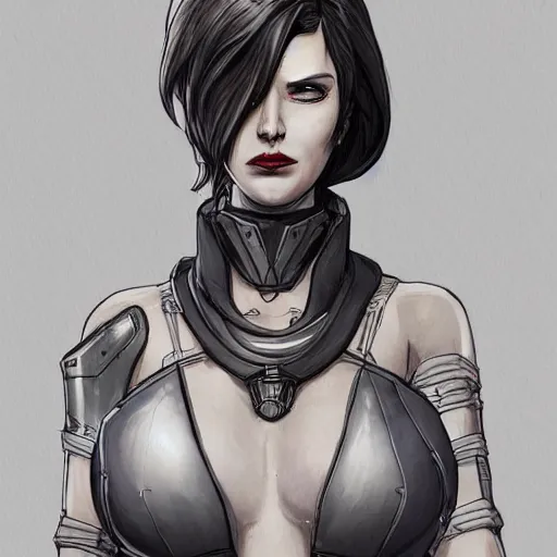 Image similar to concept art character, very high angle view, book cover, very attractive woman with full lips, slender figure, , walking in cyberpunk valley highly detailed full body, royalty, smooth, sharp focus, organic, appealing, book cover, deep shadows, borderlands 3 style, extremely fine inking lines