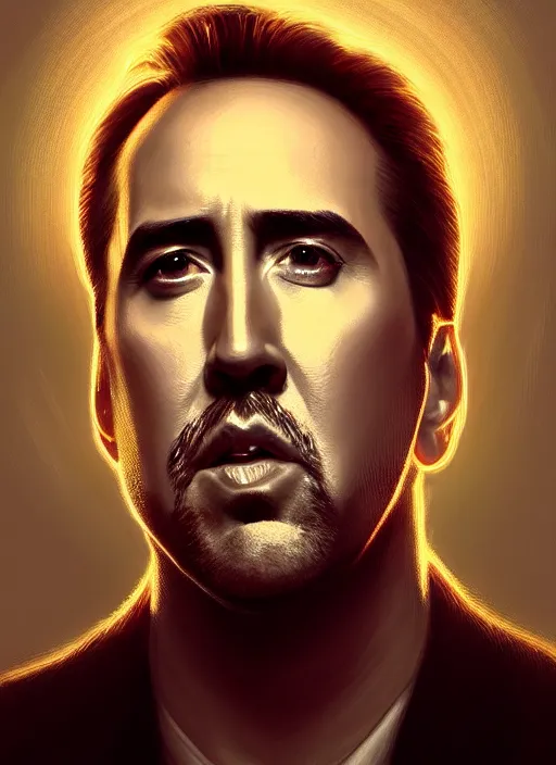 Image similar to portrait of nicholas cage, intricate, elegant, glowing lights, highly detailed, digital painting, artstation, glamor pose, concept art, smooth, sharp focus, illustration, art by artgerm and greg rutkowski, artey freytag