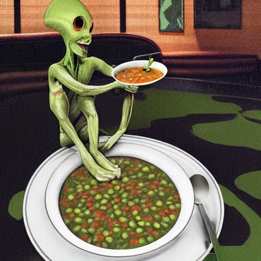 Image similar to a modernized alien enjoying himself a bowl of split pea mushroom soup a 5 star restaurant in the bronx, photorealistic, highly detailed, photography, refined spontaneity