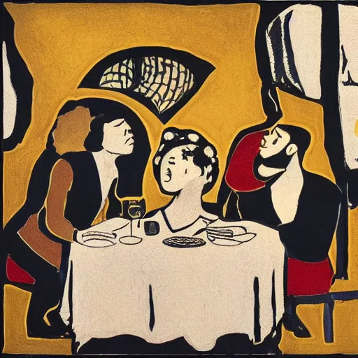 Prompt: The art installation depicts two people, a man and a woman, sitting at a table. The man is looking at the woman with a facial expression that indicates he is interested in her. The woman is looking at the man with a facial expression that indicates she is not interested in him. There is a lamp on the table between them. black velvet by Dorothy Lathrop subtle