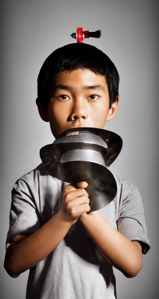 Prompt: medium close up shot of an asian school boy holding a megaphone in his hand, wearing a samurai headgear cosplay, dark studio background, softlight, photorealistic, art by artgerm and greg rutkowski