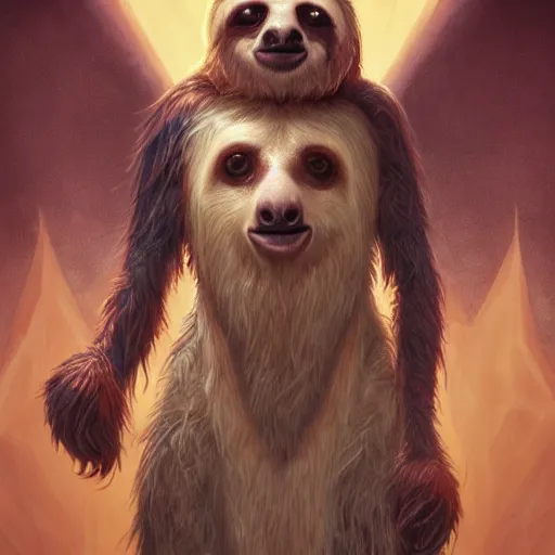 Image similar to unholy sloth, animal sloth, anthropomorphic sloth, demon, demonic robes, dirty matted fur, evil, horror, ultra details, art by artgerm, dwayne barlowe, trending on artstation and greg rutkowski and alphonse mucha, 8 k