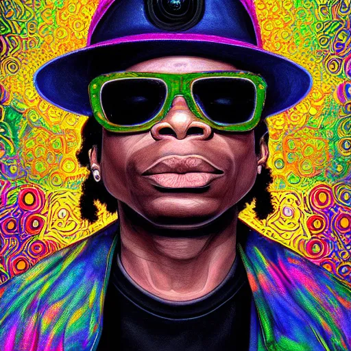 Prompt: an extremely psychedelic portrait of eazy - e, surreal, lsd, face, detailed, intricate, elegant, lithe, highly detailed, digital painting, artstation, concept art, smooth, sharp focus, illustration