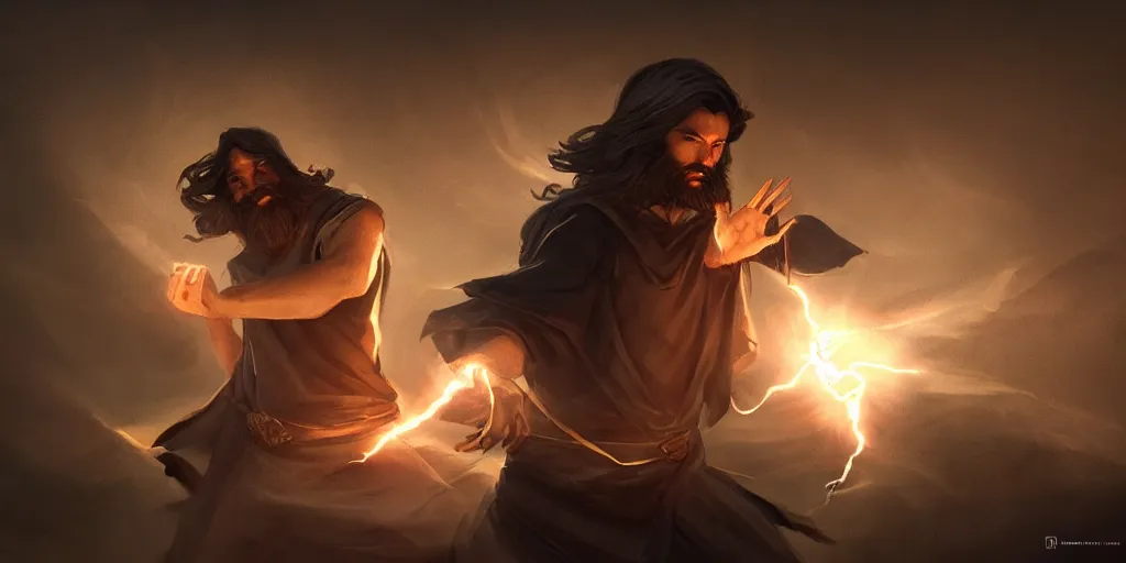 Prompt: a handsome brown hair bearded male sorcerer, he is casting a lighting spell, light rays, bloom, epic pose, epic composition, dramatic lighting, concept art, award winning, trending on artstation