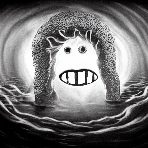 Image similar to a gigantic lovecraftian cyclope emerging from under the ocean, old 3 5 mm ilford black and white, photorealistic